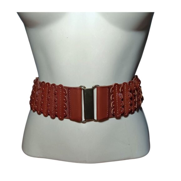 Elastic Stretch Tooled Leather Belt with Brass Buckle Fits 30\
